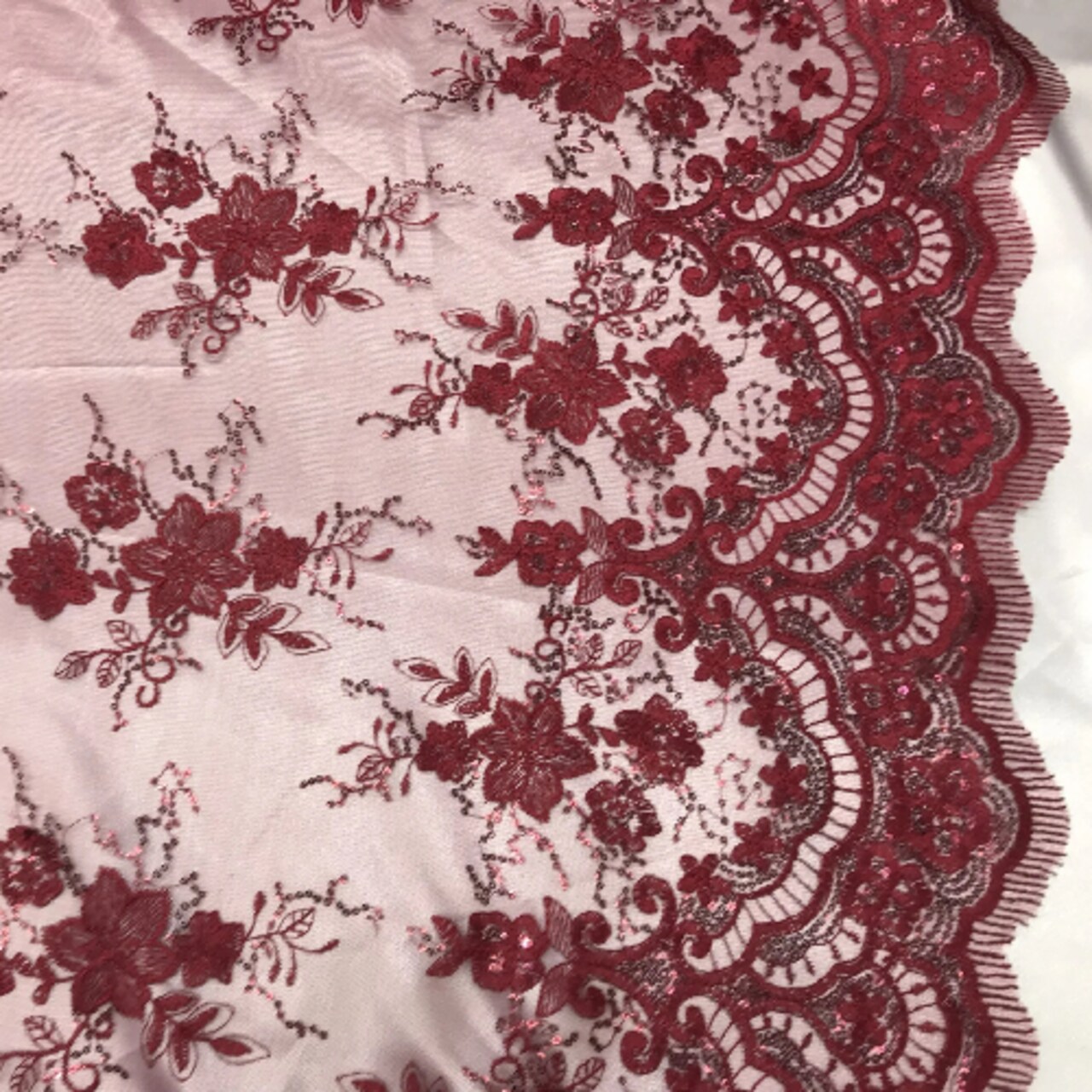 1 Yard Burgundy Sequin Lace Fabric, 100% Polyester Embroidered Mesh for Evening Wear & Bridal 51″ Wide
